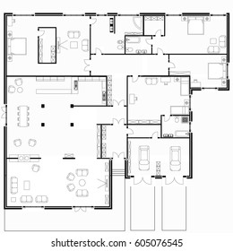 Planos en blanco y negro de un apartamento moderno. Proyecto de casa. Plan de una casa. Diseño interior vectorial, moderno apartamento de lujo con garaje