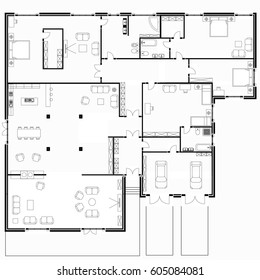 Black and White floor plans of a modern apartment. House project. Plan of a house. Vector interior design, modern luxury apartment.