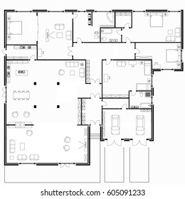 Black and White floor plans of a modern apartment. House project. Plan of a house. Vector interior design, modern luxury apartment.