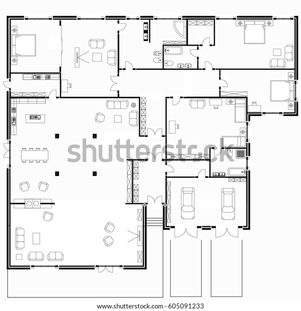Black White Floor Plans Modern Apartment Stock Vektorgrafik