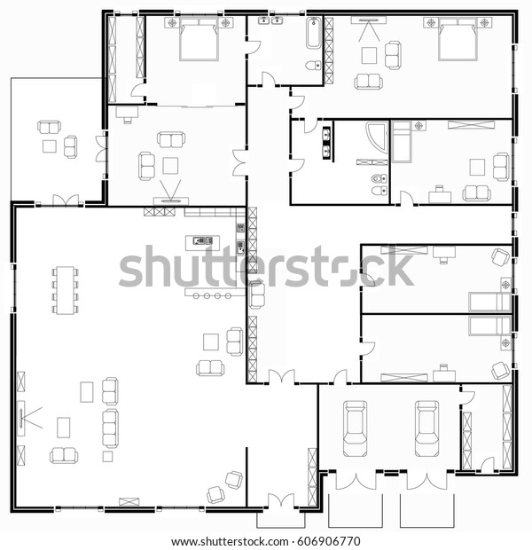 Black White Floor Plans Modern Apartment Stock Vektorgrafik