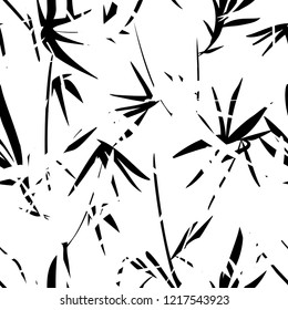 Black and white floral abstract pattern on white background. Seamless vector. White and black leaves and branches of bamboo. For textiles, wallpaper, wrapping paper, fashion prints, tile, fabric.