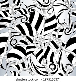 Black and white Floral Abstract seamless Pattern. Ornamental monochrome vector background. Intricate striped flowers, leaves, shapes, swirls. Twisted ropes aand strings. Beautiful line art design.