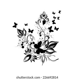 Black and white floral abstraction with butterflies. Vector 
