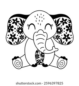 Black and white floral animal clipart. Cute elephant doodle, safari character in cartoon flat style. Hand drawn vector illustration.