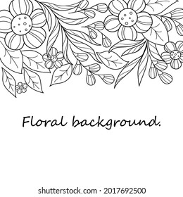Black and white floral background, horizontal border. Contour abstract illustration of flowers, leaves and twigs. Great as a background for any print product, web page, advertisement or other design.