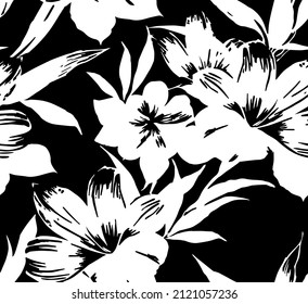Black And White Floral Background Pattern. Flowers silhouettes vector seamless pattern
