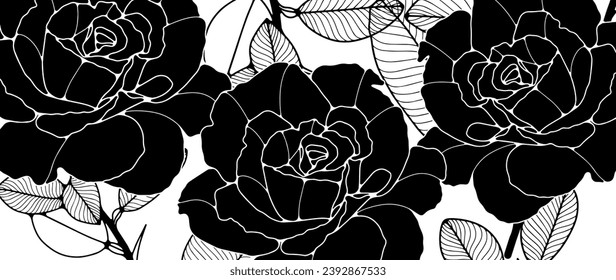 Fondo floral negro y blanco, afiche, pancarta, papel pintado con flores de rosa negro y frondosas con ramas y hojas espinosas.