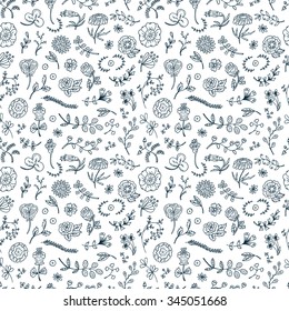 Black and white floral background. Vector floral Seamless pattern. Hand Drawn Doodles Flowers and Leaves.