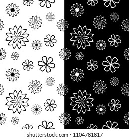 Black and white floral backgrounds. Set of seamless patterns for textile and wallpapers