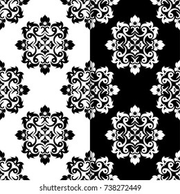 Black and white floral backgrounds. Set of seamless patterns for textile and wallpapers
