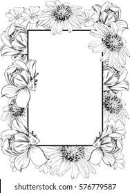 Black and White Floral Bottom Half Vector Border surrounding white with medium thickness black line square in the center, flowers overlap the border