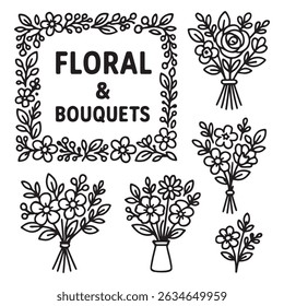 Black and white floral bouquet illustrations with decorative frame.