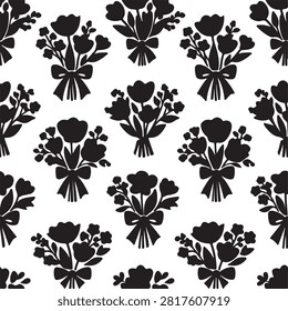 Black and White Floral Bouquet Pattern with Ribbon Design for Textile Background