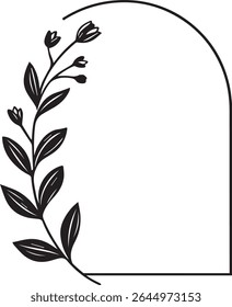 Black and White Floral Branch Design Element Half Circle Frame Botanical Illustration Simple Line Art Wedding Invitation Template Graphic Design
