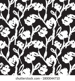 Black and White Floral brush strokes seamless pattern background for fashion prints, graphics, backgrounds and crafts