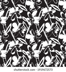 Black and White Floral brush strokes seamless pattern background for fashion prints, graphics, backgrounds and crafts