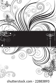 Black and white floral and butterfly pattern, vector layered.