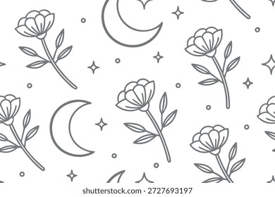 Patrón celestial floral en blanco y negro con rosas, lunas medievales, estrellas y delicado arte lineal Elegantes Elementos botánicos y cósmicos dibujados a mano en un diseño repetitivo sin fisuras. Perfecto para Fondos de pantalla, textiles, papel de embalaje, papelería y marca moderna.