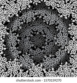 Black and white floral circle frame isolated on black background