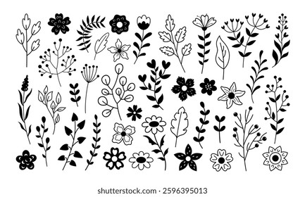 Black and white floral clipart set with flowers, leaves, branches. Spring, Summer, Autumn doodle. Seasonal hand drawn vector illustration
