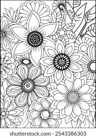 Black and white floral coloring book page for adults. Vector illustration