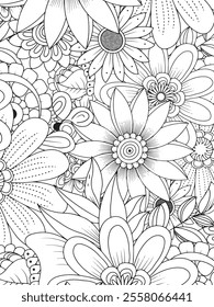 Black and white floral coloring book page for adults.Floral coloring book page for adults. Line art of beautiful flowers for background and coloring book page for adult and kids. Vector illustration 