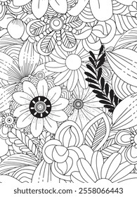 Black and white floral coloring book page for adults.Floral coloring book page for adults. Line art of beautiful flowers for background and coloring book page for adult and kids. Vector illustration 