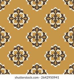 Black and white floral damask seamless pattern on a brown background. Victorian style. Baroque style. Vector illustration. For design, wallpaper, textile