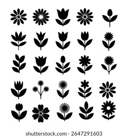 Black and white floral design collection featuring various silhouette flowers and foliage elements