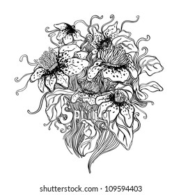 Black and white floral design element. Spring vector pattern