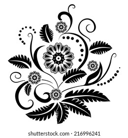 Elementos de diseño floral en blanco y negro aislados en un fondo blanco.