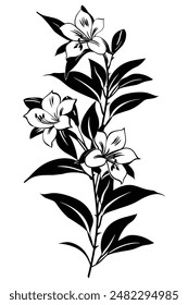 Black and white floral design featuring stylized branch with three flowers and leaves growing upwards