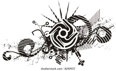 Black and white floral design with grunge details, vector illustration series.