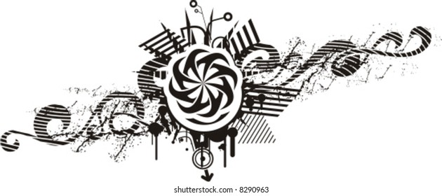 Black and white floral design with grunge details, vector illustration series.