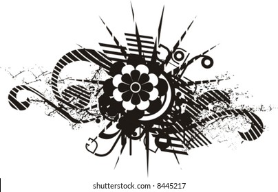 Black and white floral design with grunge details, vector illustration series.
