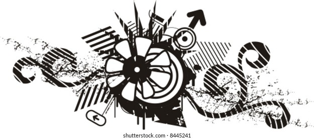 Black and white floral design with grunge details, vector illustration series.