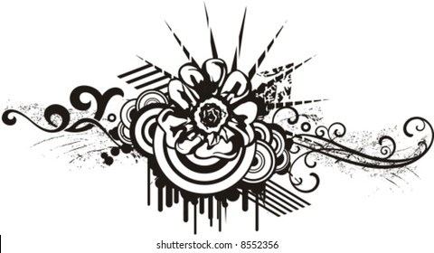 Black and white floral design with grunge details, vector illustration series.