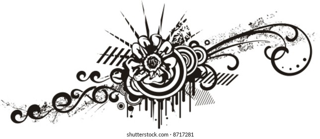 Black and white floral design with grunge details, vector illustration series.