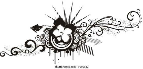 Black and white floral design with grunge details, vector illustration series.