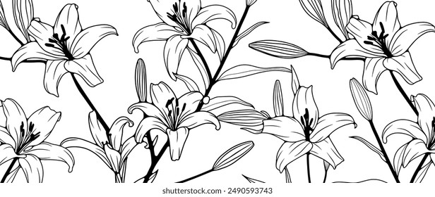Black and white floral design with lily flowers. Background for coloring pages, vector illustration