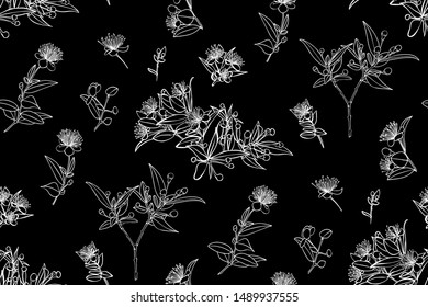 Black and white floral design seamless pattern.  Wild flowers and leaves background. Vector . Textile design, wallpaper, fabric print.