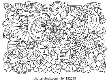 Black and white floral doodle. Coloring pages for book. Vector line art.