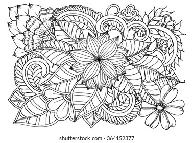 Black and white floral doodle. Coloring pages for book. Vector line art.