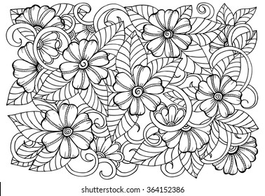 Black and white floral doodle. Coloring pages for book. Vector line art.