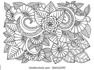 Black and white floral doodle. Coloring pages for book. Vector line art.