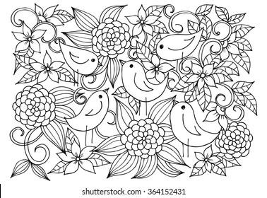 Black and white floral doodle. Coloring pages for book. Vector line art.