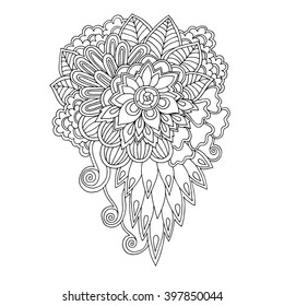 Black and white floral doodle pattern in vector. Henna paisley mehndi doodles design tribal design element. Can be used for coloring book, any other kind of design, birthday, kaleidoscope, yoga. 