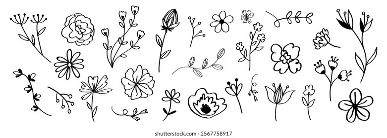 Black and white floral doodles featuring various flowers and leaves. Floral designs include daisies, roses, and buds. Simple floral sketches for creative projects. Minimal floral element vector set.