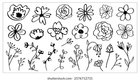 Black and white floral doodles featuring various flowers and leaves. Simple flower doodles with diverse shapes. Artistic floral doodles for design. Doodle illustrations, vector set.